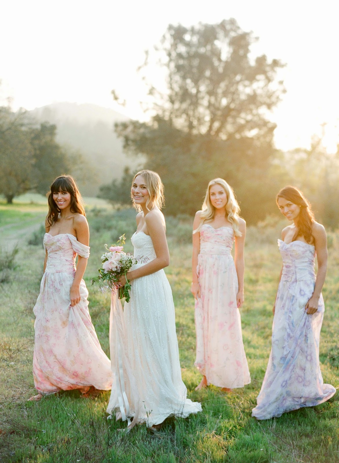 pastel patterned bridesmaids dresses