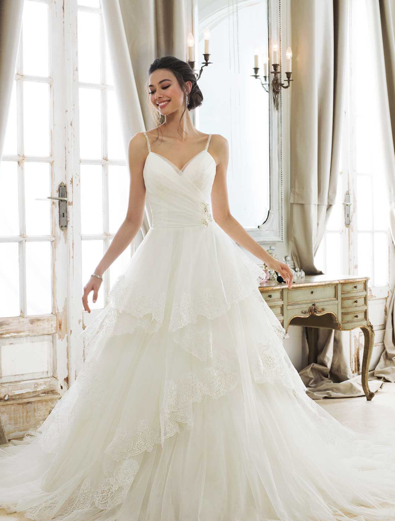Irish Pear shaped bride in white, floor length, asymmetrical ruffle, Sophia Tolli dress 