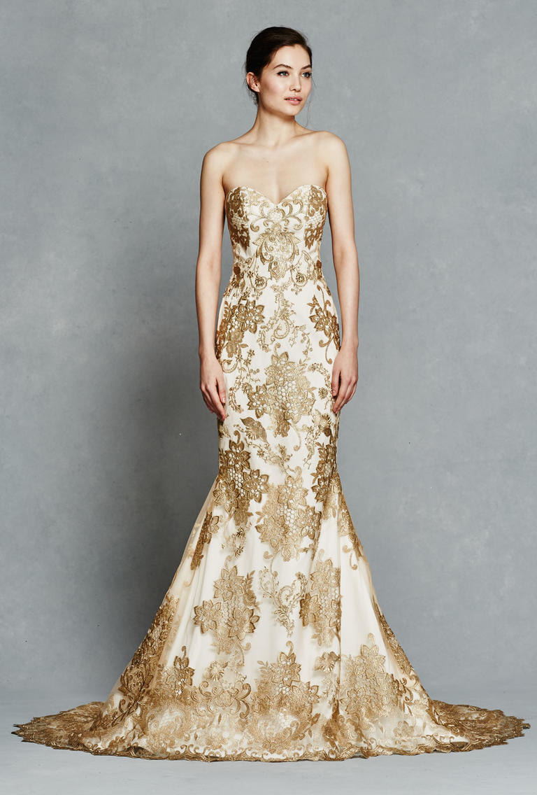 wedding dress with gold accents