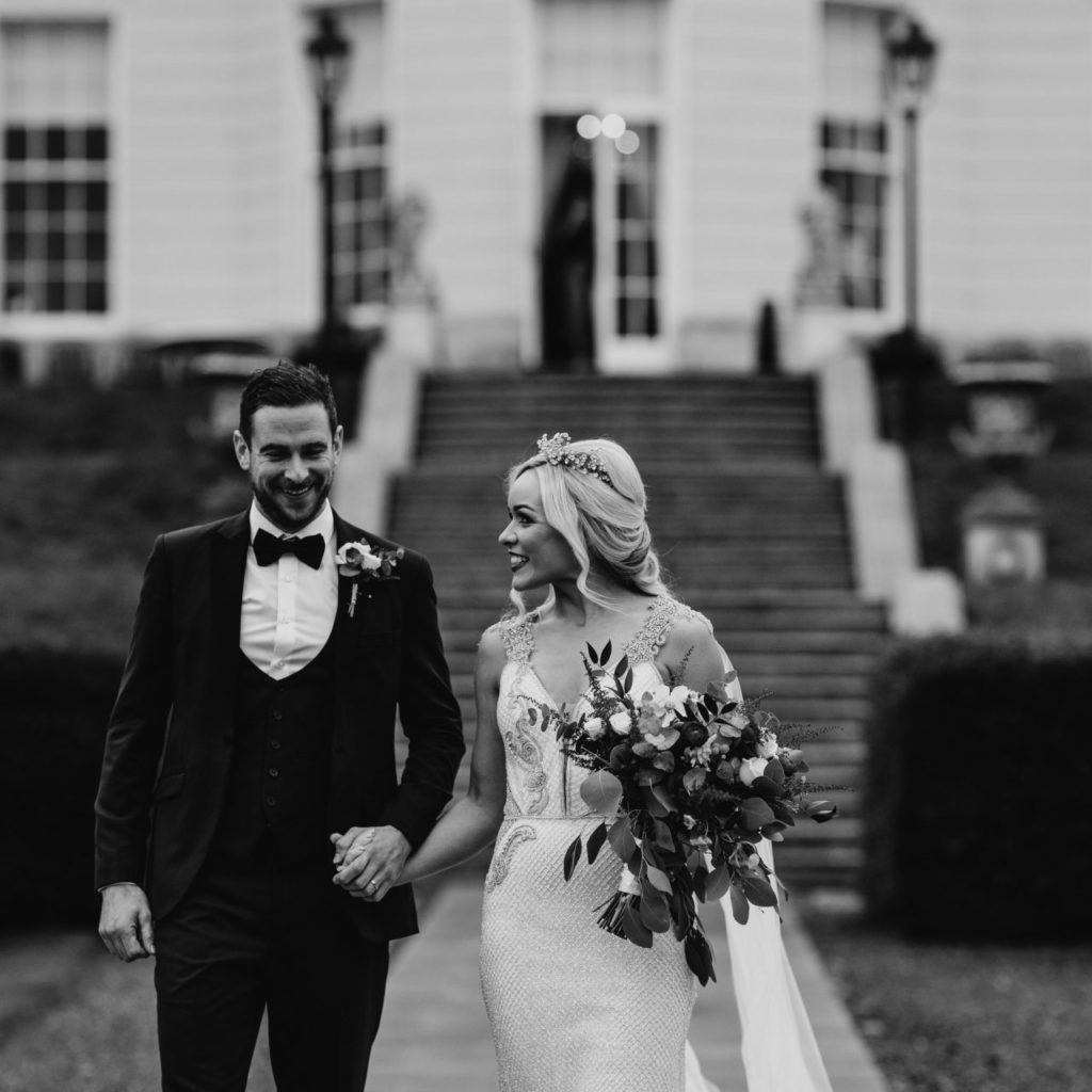 The K club. Bride and Groom outside the building.