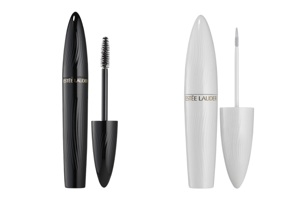 A transparent background with two tubes of eyelash products, on the left is the Estée Lauder Turbo Lash mascara and on the right is the Estée Lauder Revitalising Lash and Brow Serum