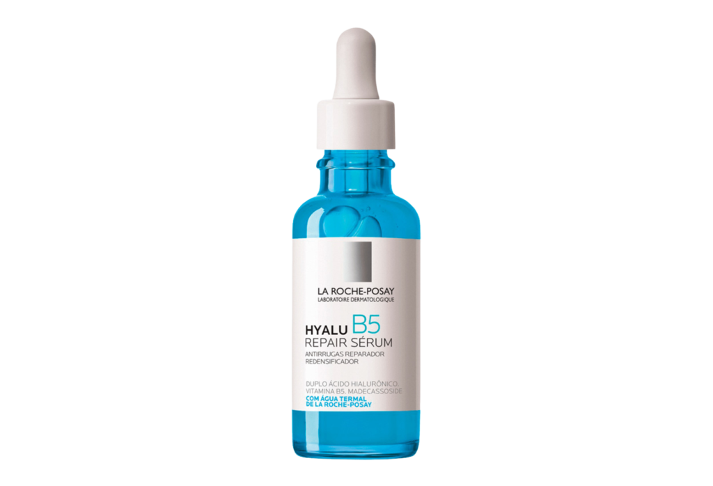 A transparent background with a single blue vial of La Roche-Posay Hyalu B5 Repair Serum
